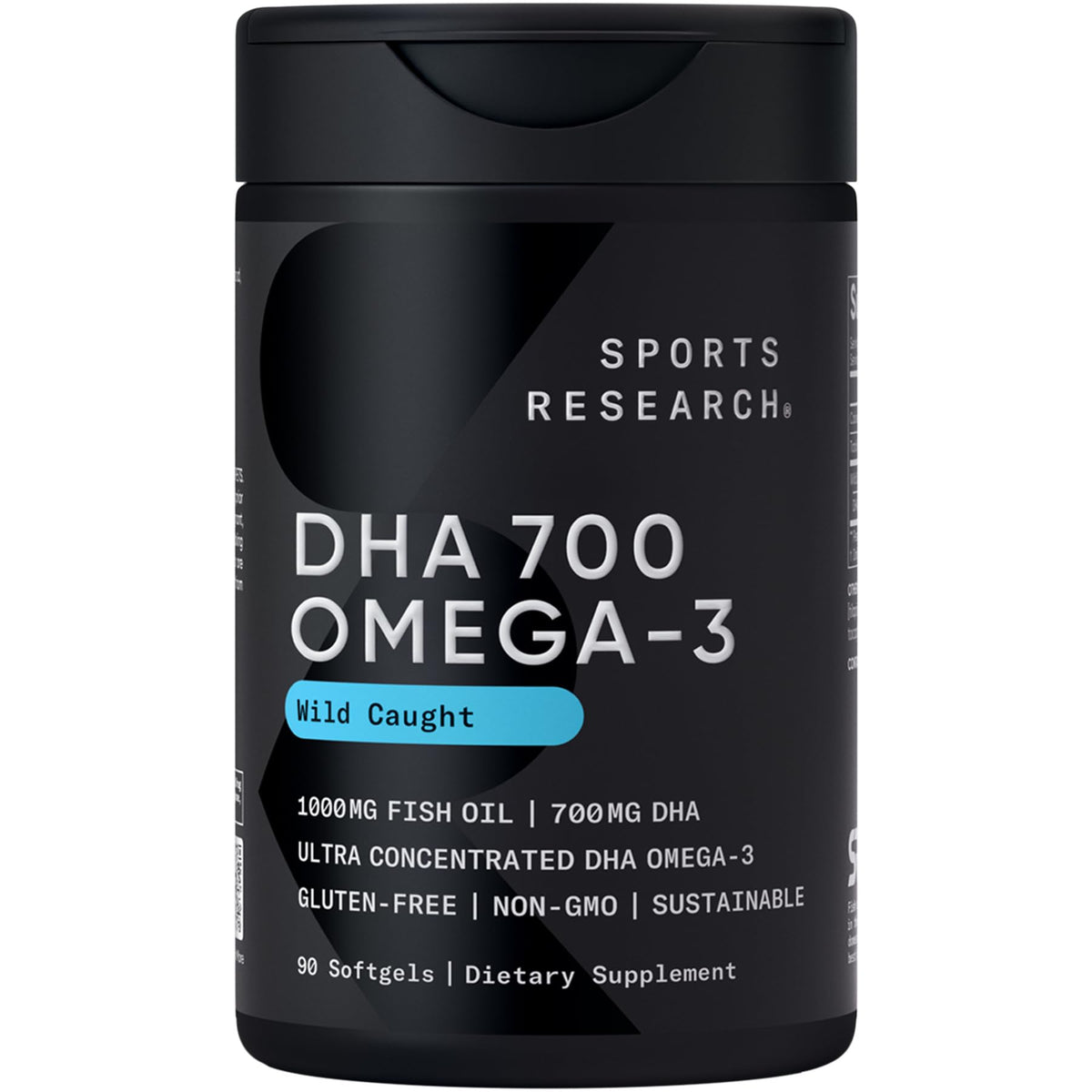 Sports Research DHA Omega-3, botella de cápsulas, apoya la salud cerebral diaria.