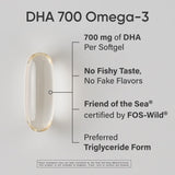 Sports Research DHA Omega-3, cápsulas suaves visibles, sabor neutro y sin olor a pescado.