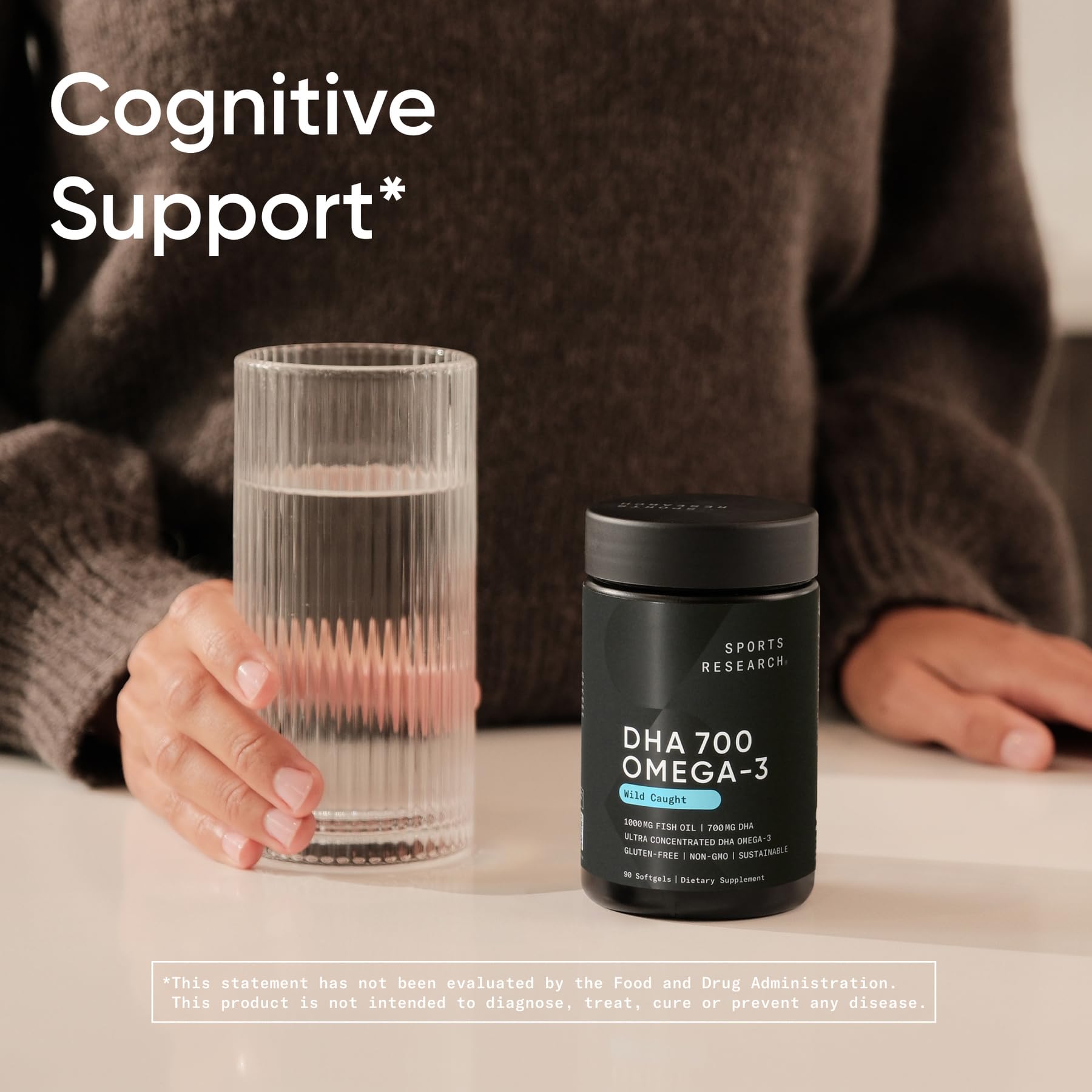 Sports Research DHA Omega-3, etiqueta sin transgénico, opción no modificada genéticamente.