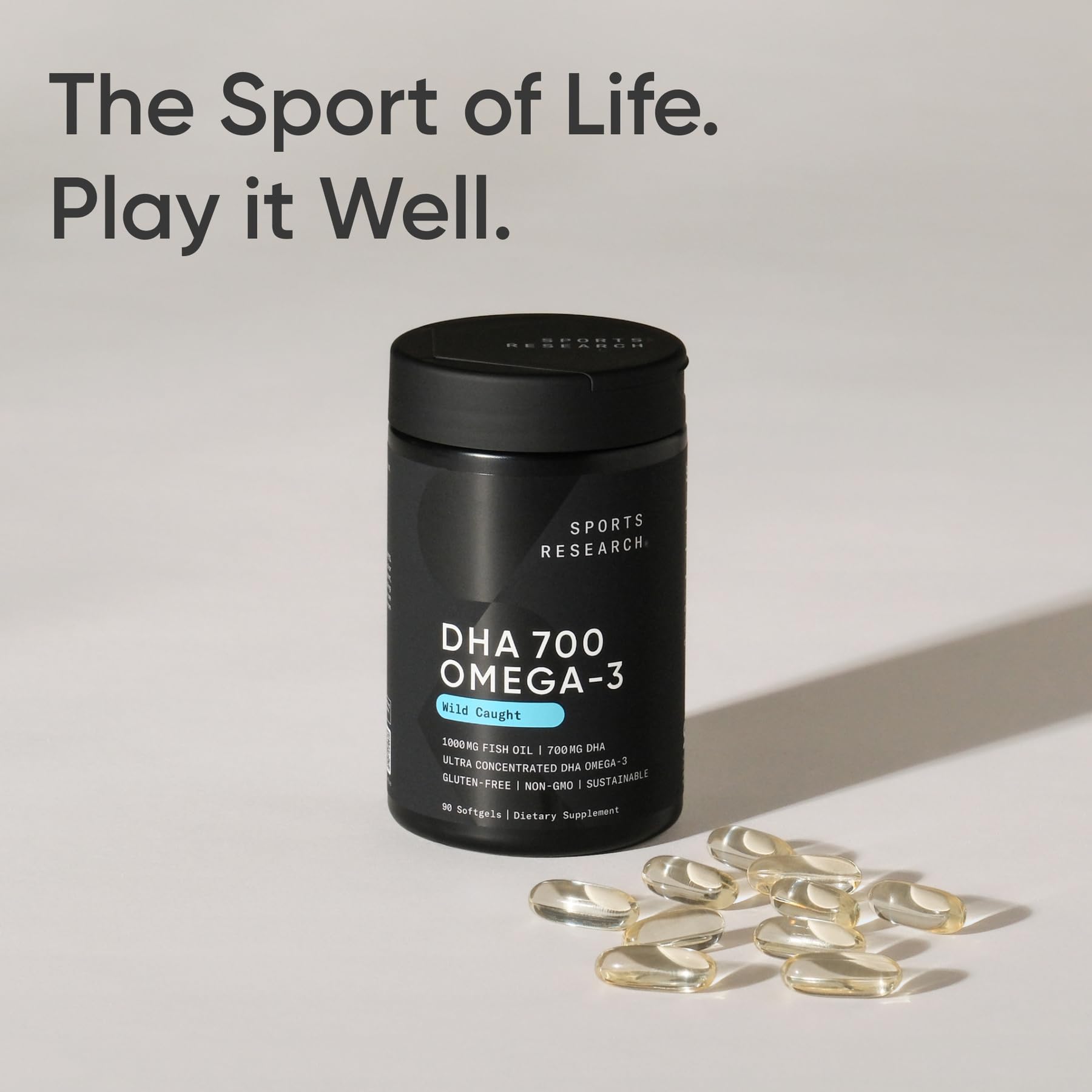 Sports Research DHA Omega-3, etiqueta libre de gluten, apto para dietas sin gluten.