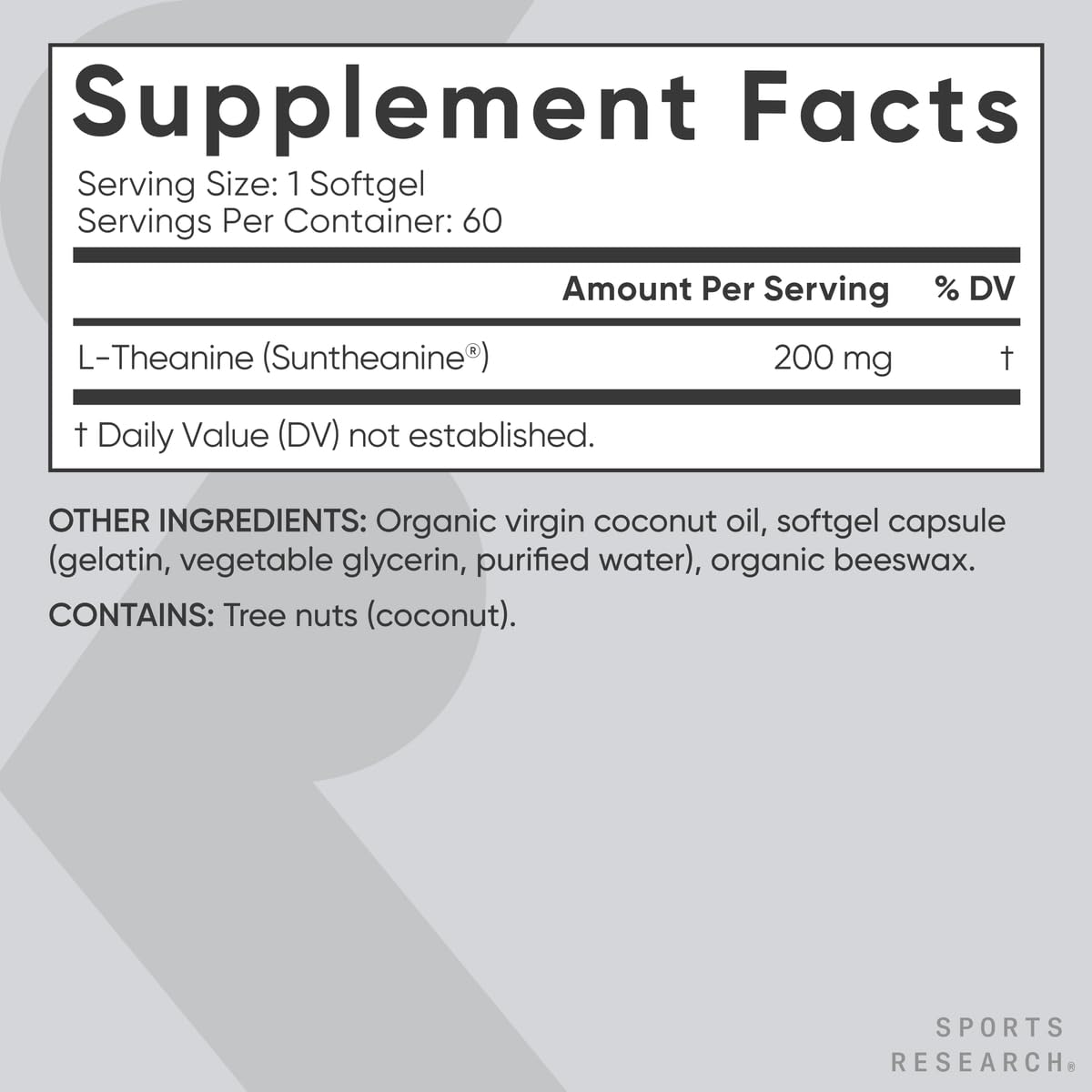 Sports Research L-Theanine, etiqueta no-GMO, apto para dietas sin gluten y sin soja.