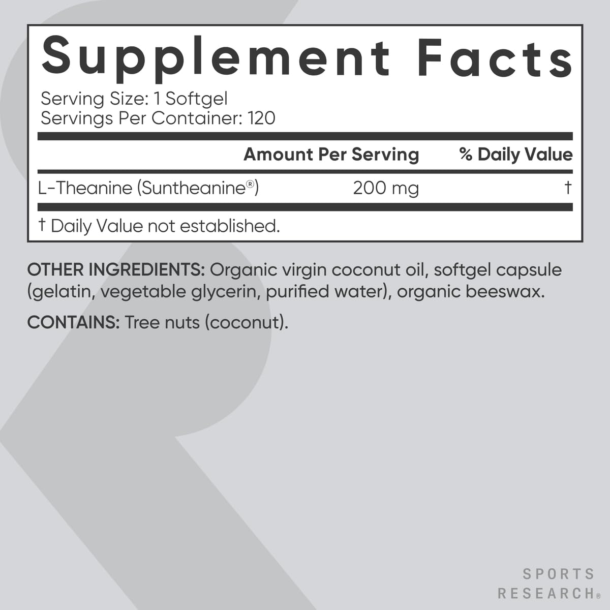Sports Research etiqueta nutricional: información clara de ingredientes no transgénicos.