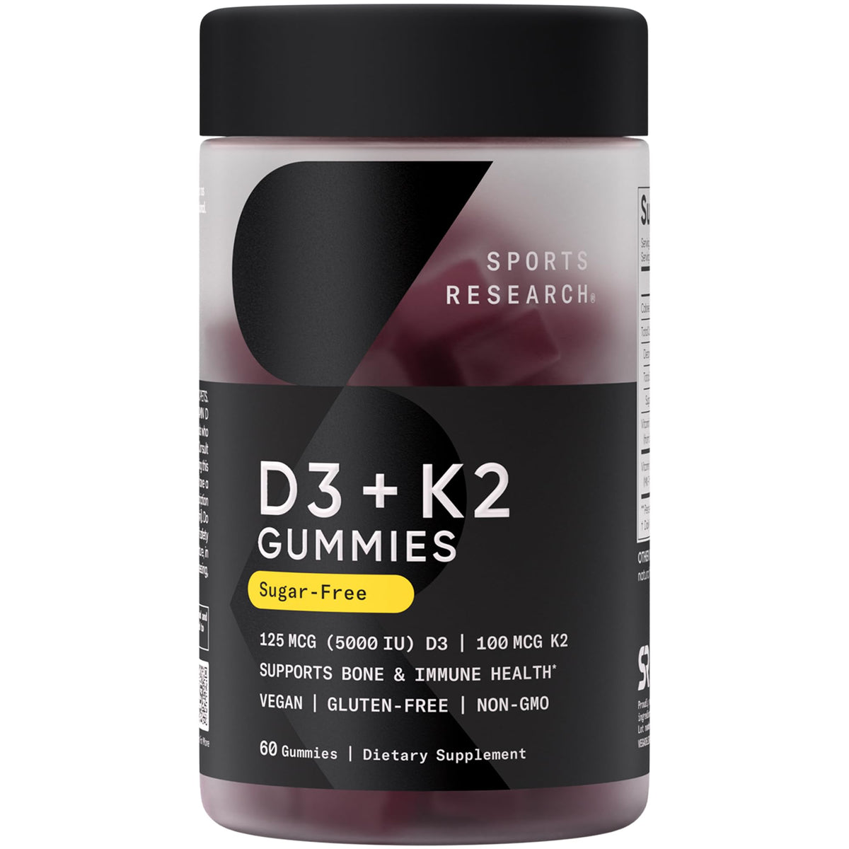 Sports Research gomitas veganas D3-K2 sin azúcar frente de lata para uso diario