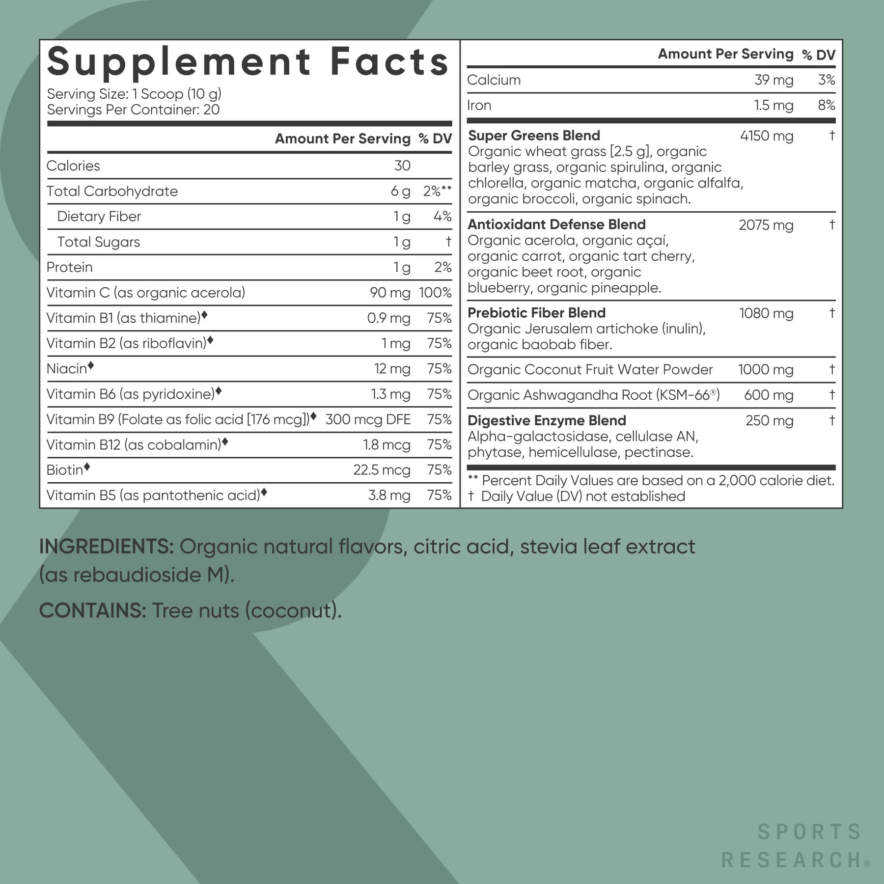 Sports Research Greens adaptógenos y enzimas para energía suave y digestión equilibrada.