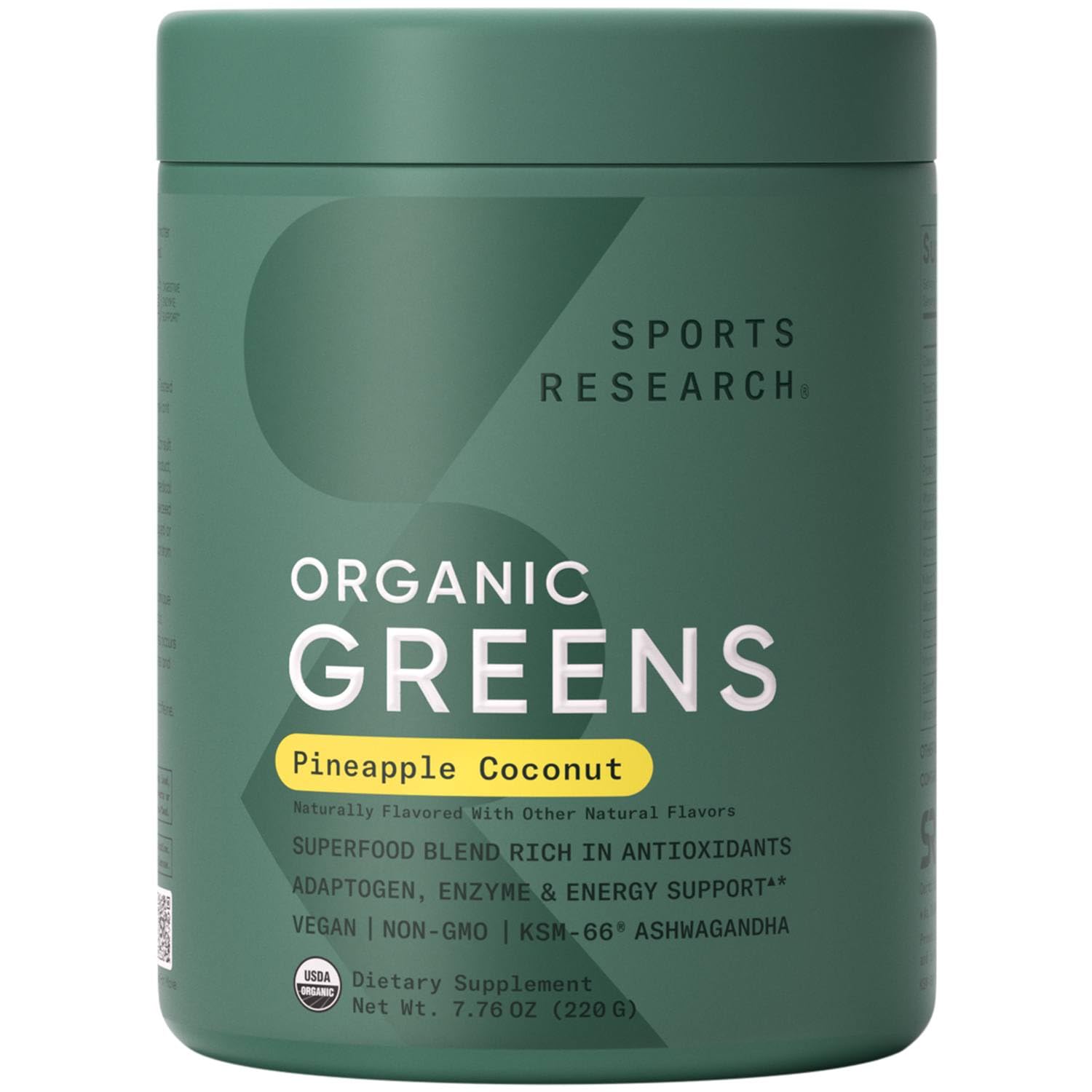 Sports Research Greens Original frasco, sabor neutral, ideal para empezar el día con energía.