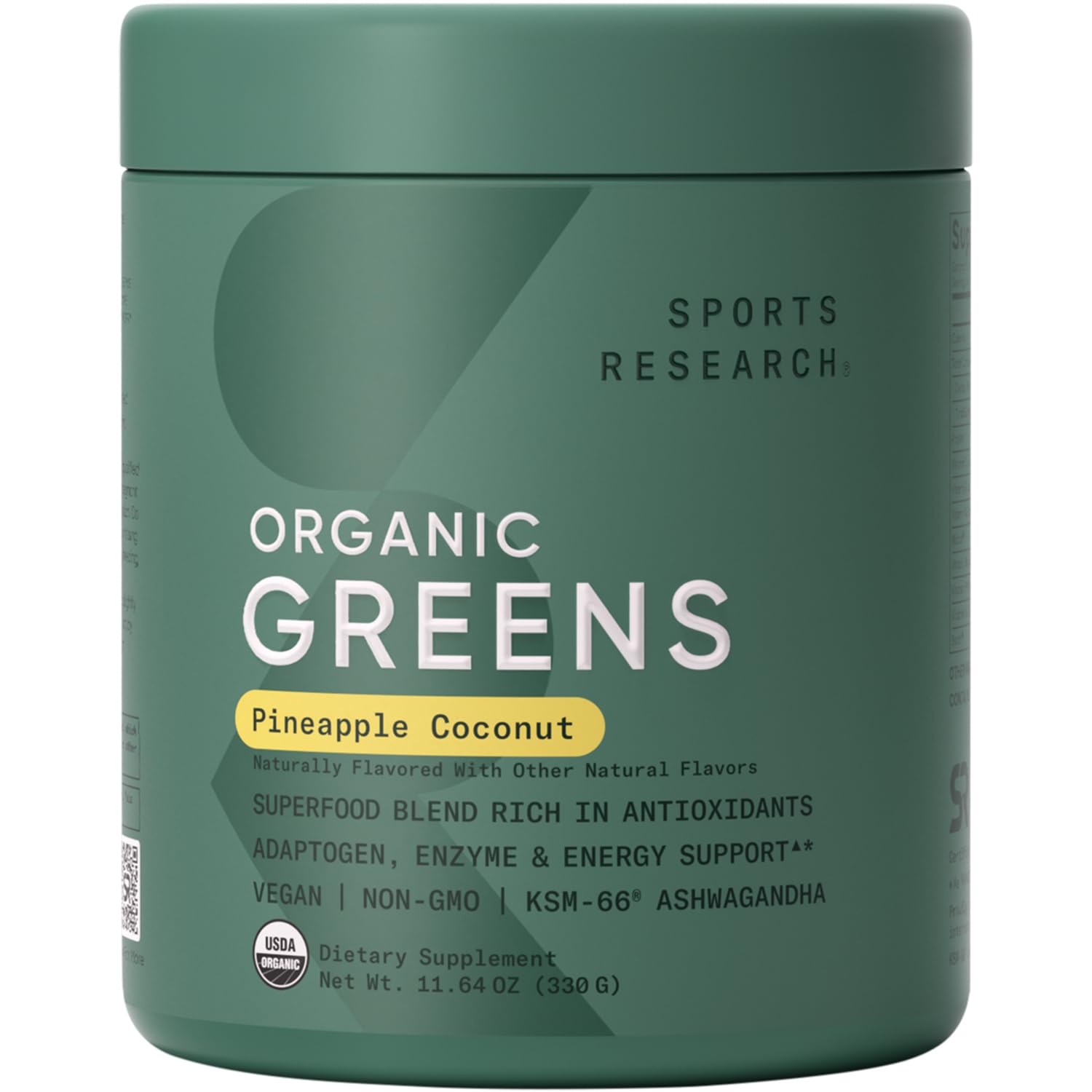 Sports Research Greens Powder envase y etiqueta, calidad visible para inicio saludable