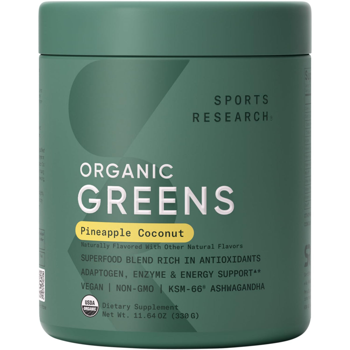 Sports Research Greens Powder envase y etiqueta, calidad visible para inicio saludable