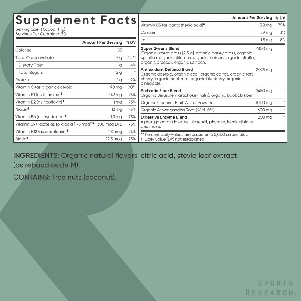 Sports Research Greens Powder sabor piña y coco para una experiencia tropical