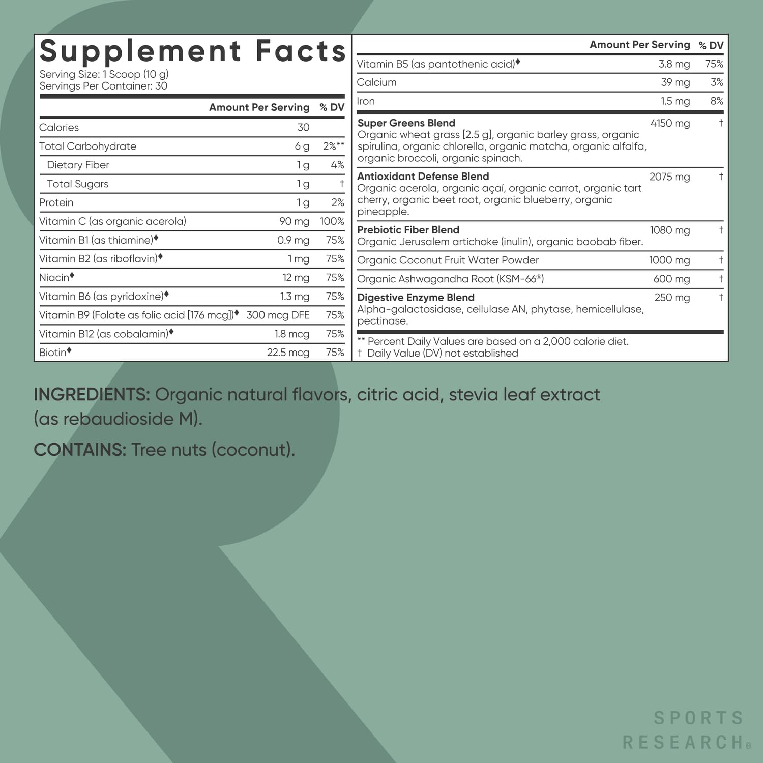 Sports Research Greens spirulina y clorella, ingredientes clave