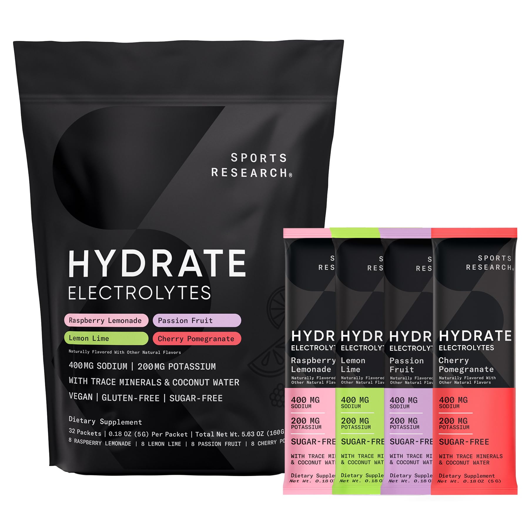 Sports Research Hydrate frambuesa-limón, sobre: hidratación diaria sin azúcar.
