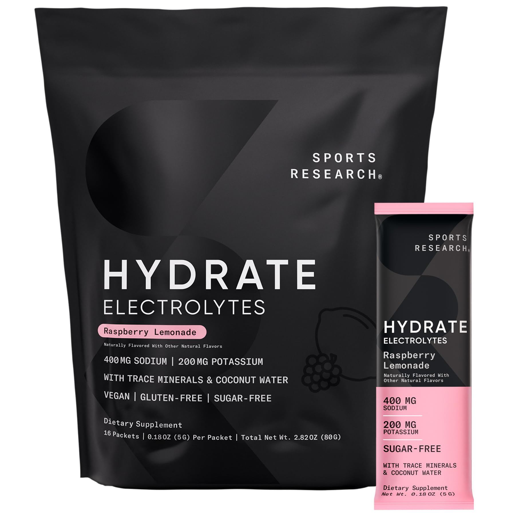 Sports Research Hydrate sobres frambuesa-limonada, hidratación sabrosa para entrenamientos.
