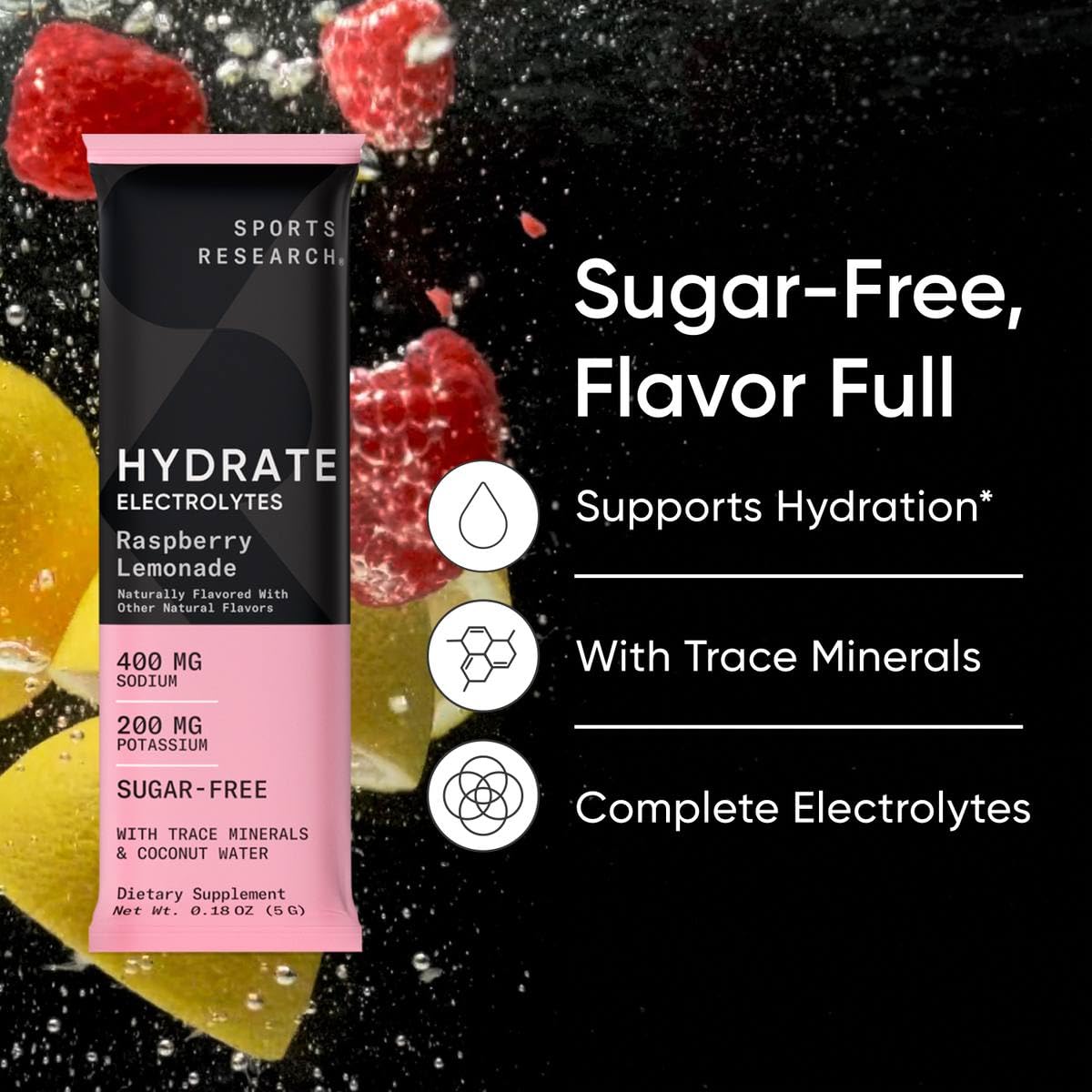 Sports Research Hydrate sobres fruta de la pasión, sabor natural con vitaminas.