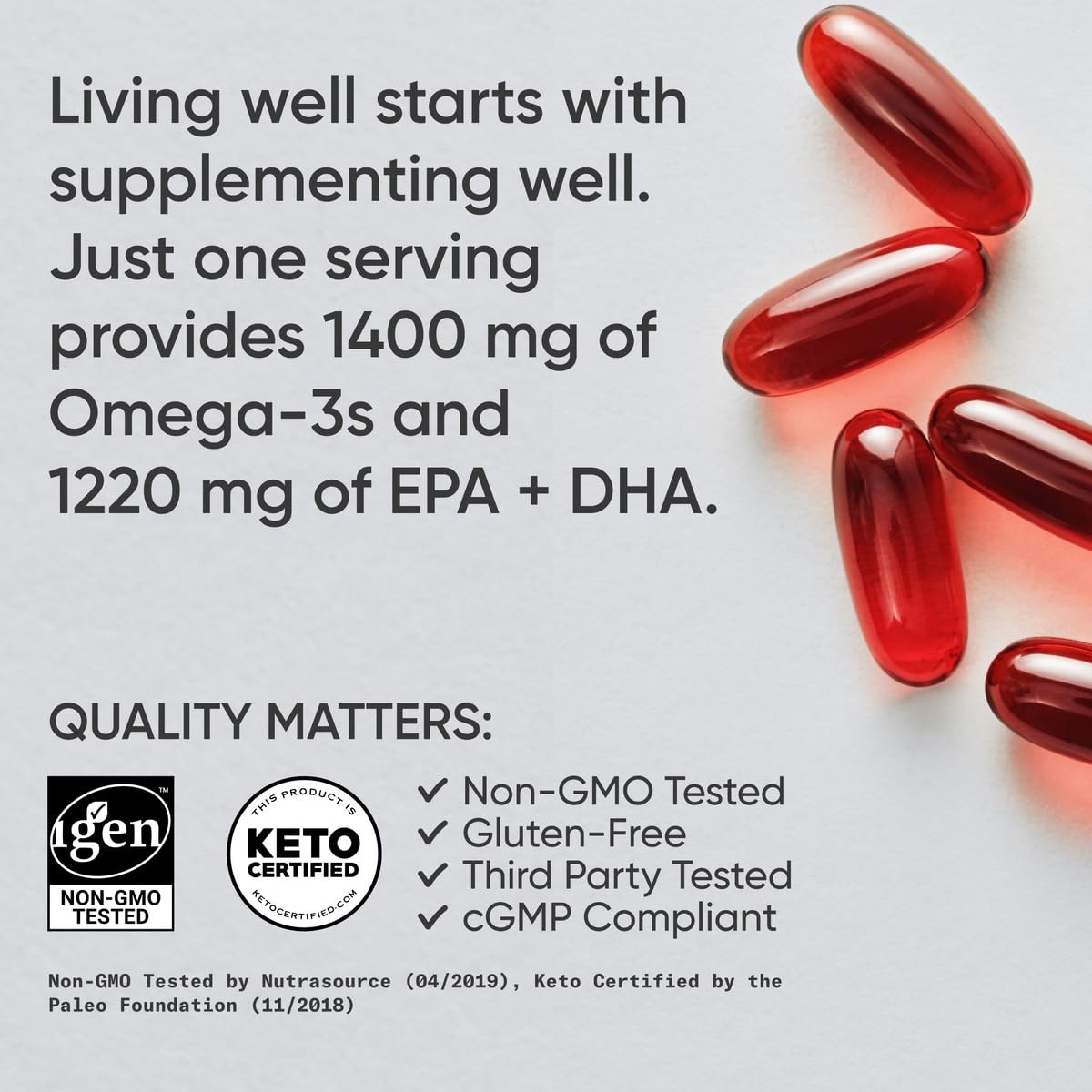 Sports Research Keto Omega: cápsulas en mano para mostrar tamaño y dosis.