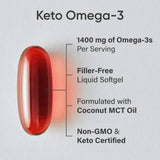 Sports Research Keto Omega, etiqueta frontal, resaltando origen salvaje y pureza.