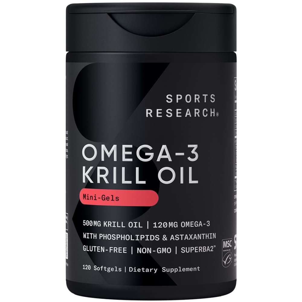 Sports Research Krill Oil, botella de 120 cápsulas, energía sostenida para entrenamientos diarios.