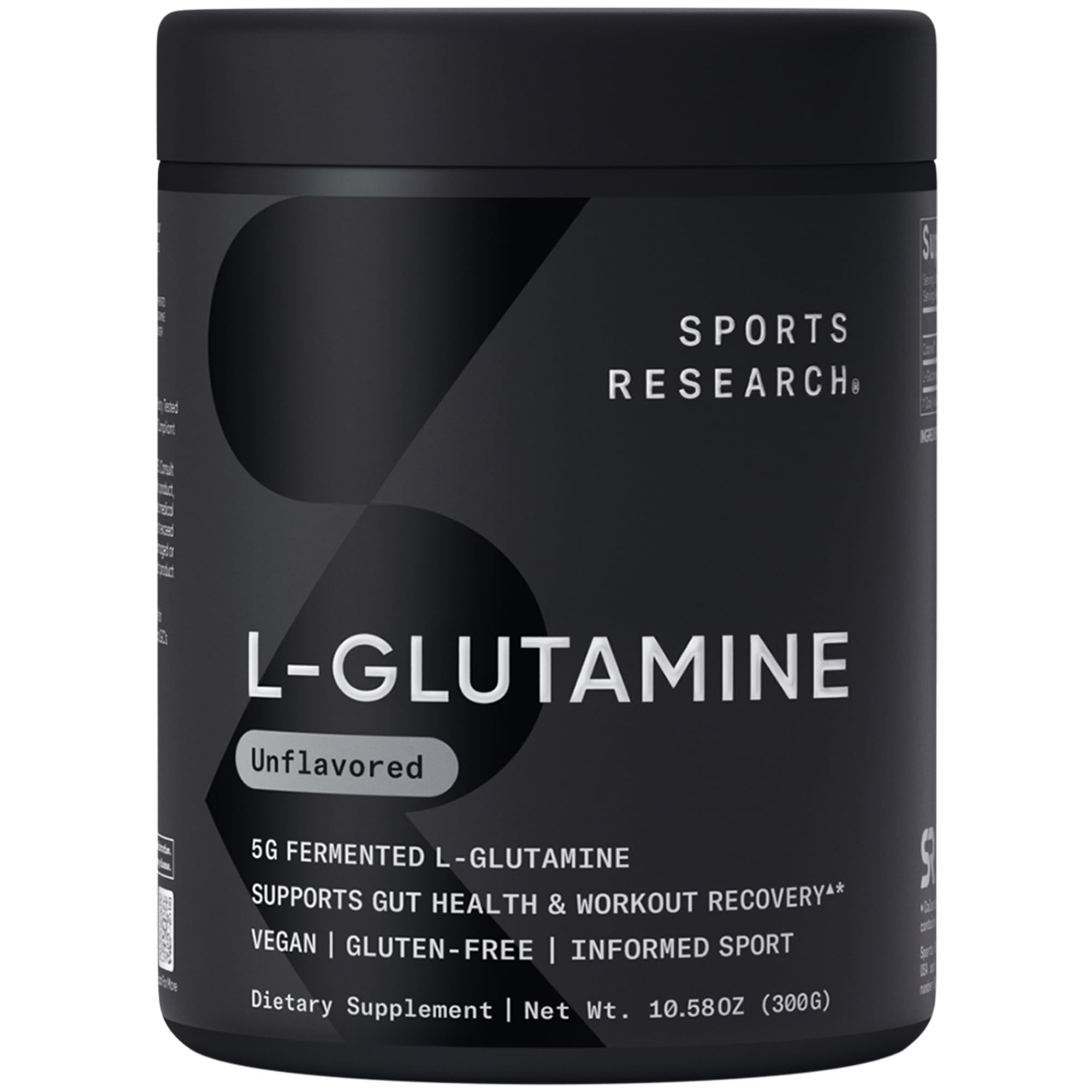 Sports Research L-Glutamina en frasco de 300 g para recuperación muscular.