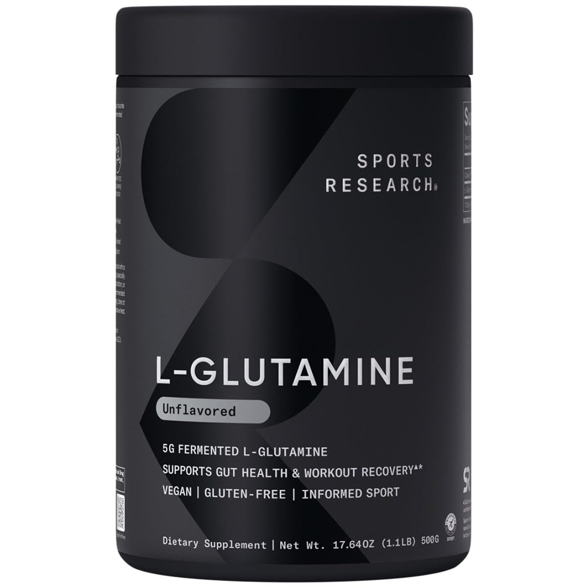 Sports Research L-Glutamine, bote con etiqueta, posible apoyo a la recuperación post-entrenamiento.