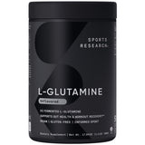 Sports Research L-Glutamine, bote con etiqueta, posible apoyo a la recuperación post-entrenamiento.