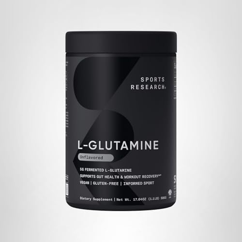 Sports Research L-Glutamine, sello de pruebas de calidad, seguridad para entrenamientos.
