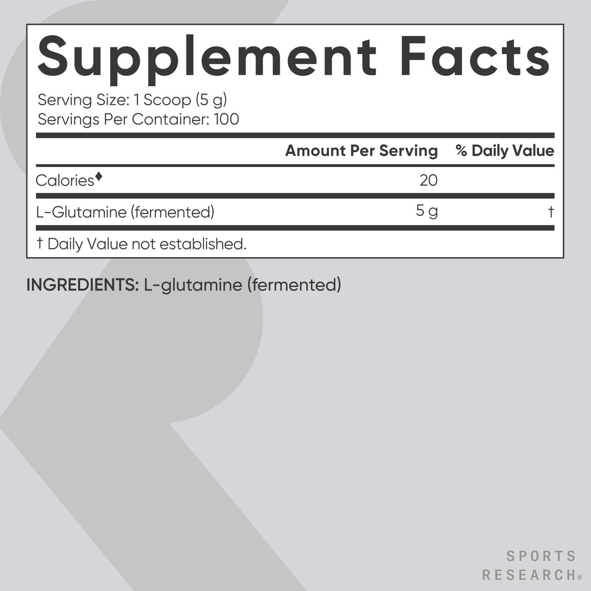 Sports Research L-Glutamine, tapa cerrada, conveniente almacenamiento y dosificación.