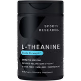 Sports Research L-Theanine, cápsulas blandas, promueven enfoque suave sin somnolencia.