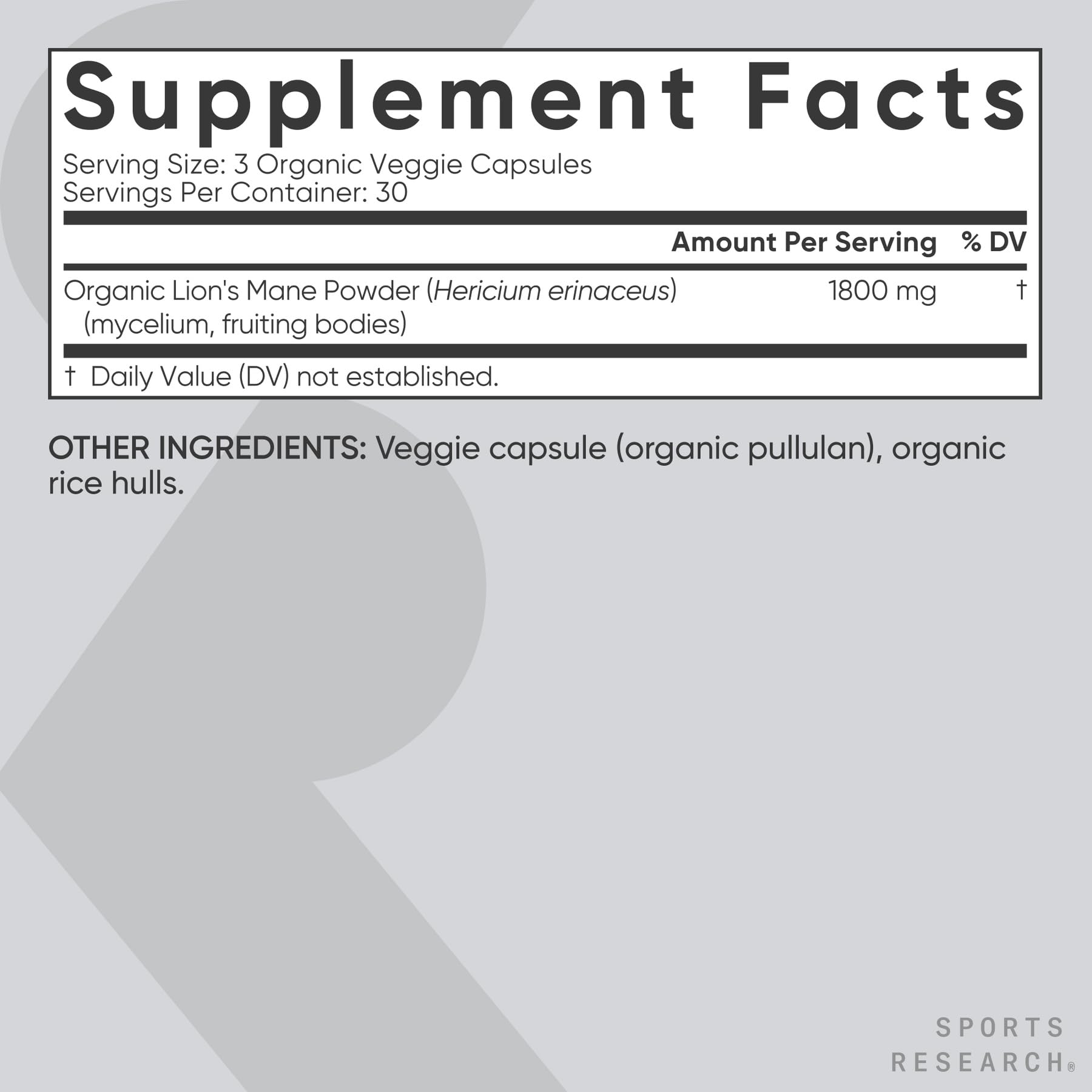 Sports Research Lions Mane empaque close-up caja sostenible.