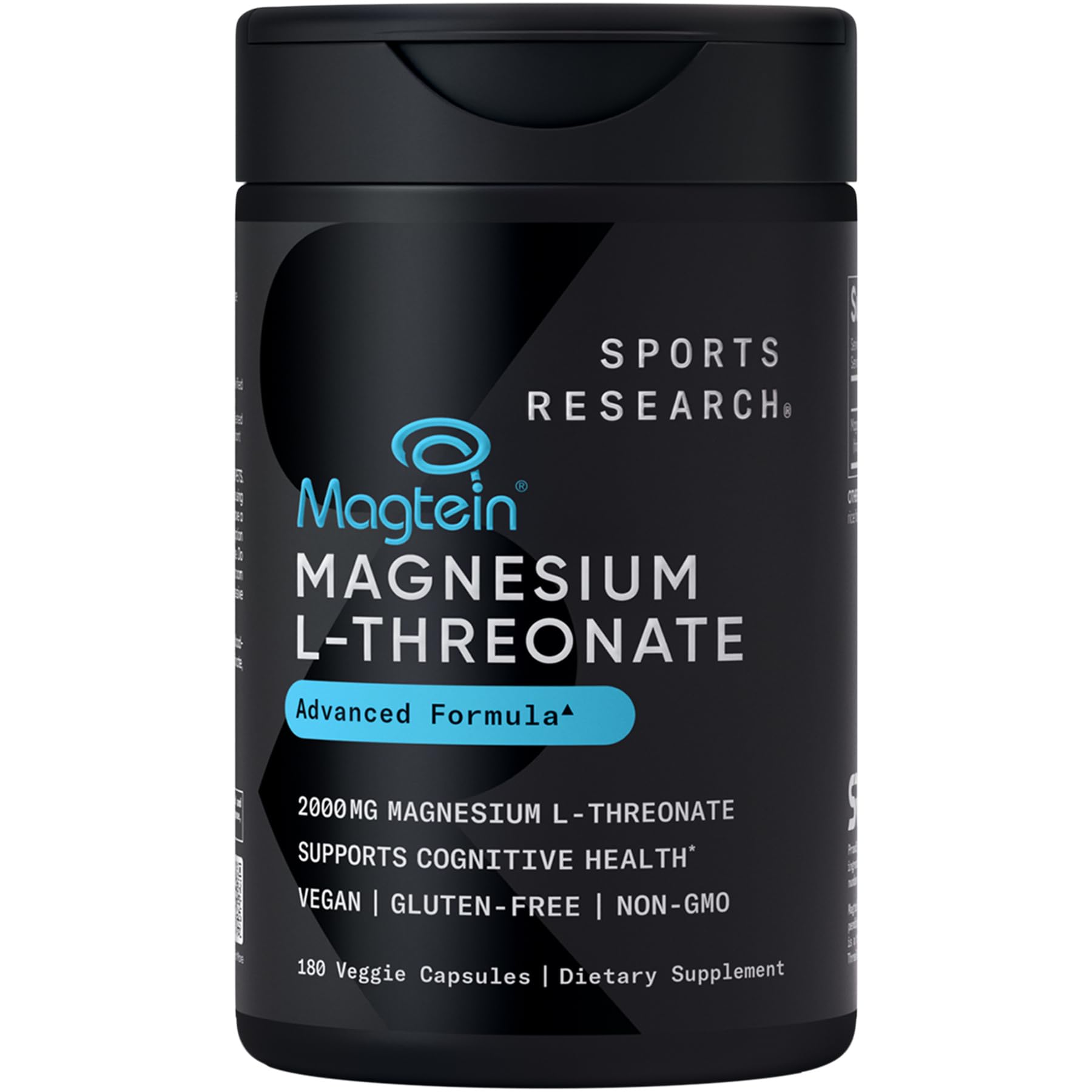 Sports Research Magtein frasco con cápsulas L-Threonate para enfoque diario.