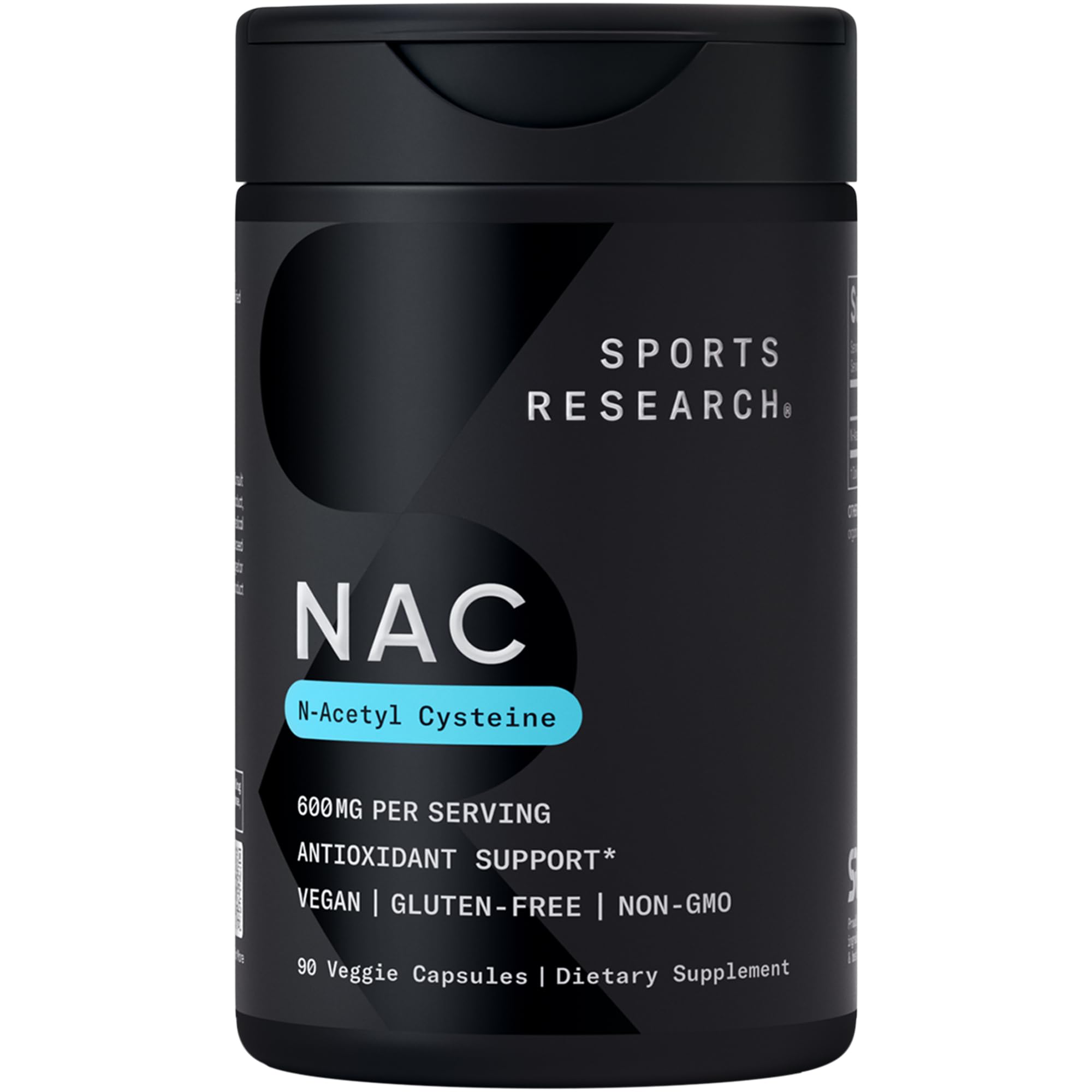 Sports Research NAC 600 mg en botella para uso diario y antioxidante potencial.