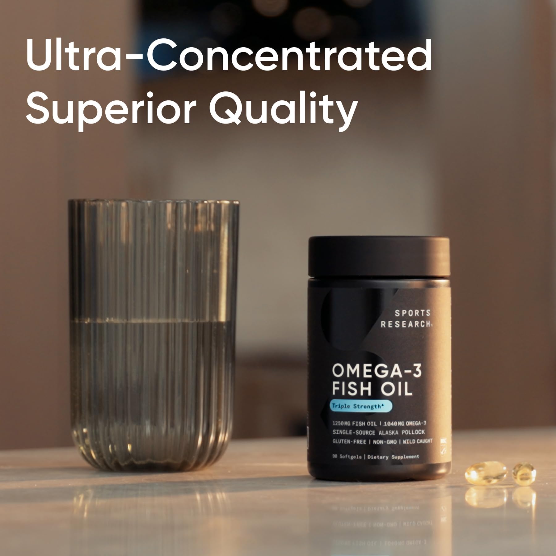 Sports Research Omega-3 envase con certificación de pureza y pruebas.