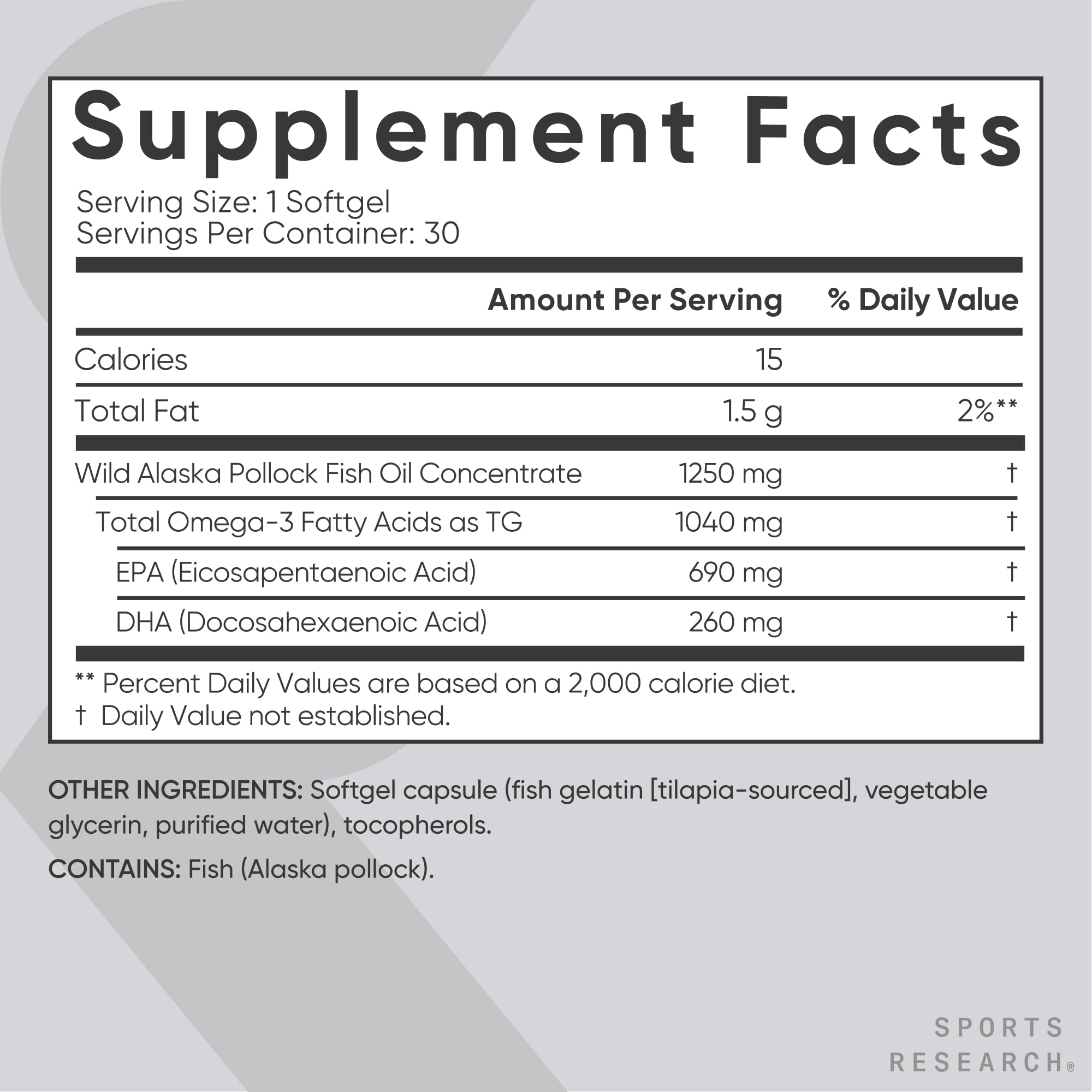 Sports Research Omega-3 origen Alaska Pollock: origen sostenible en aguas frías.