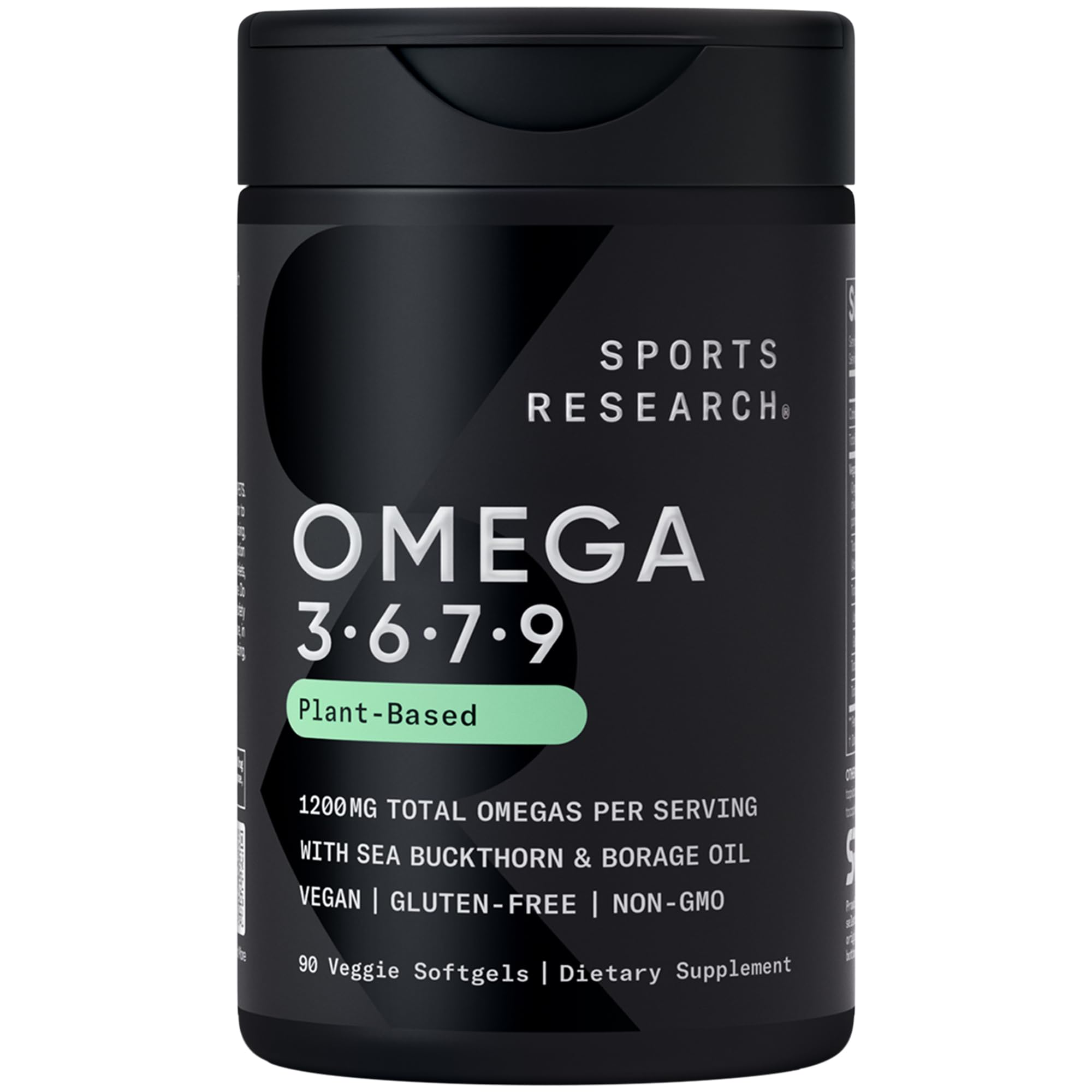 Sports Research Omega Vegano 3-6-7-9: botella visible, apoyo potencial a la salud diaria.