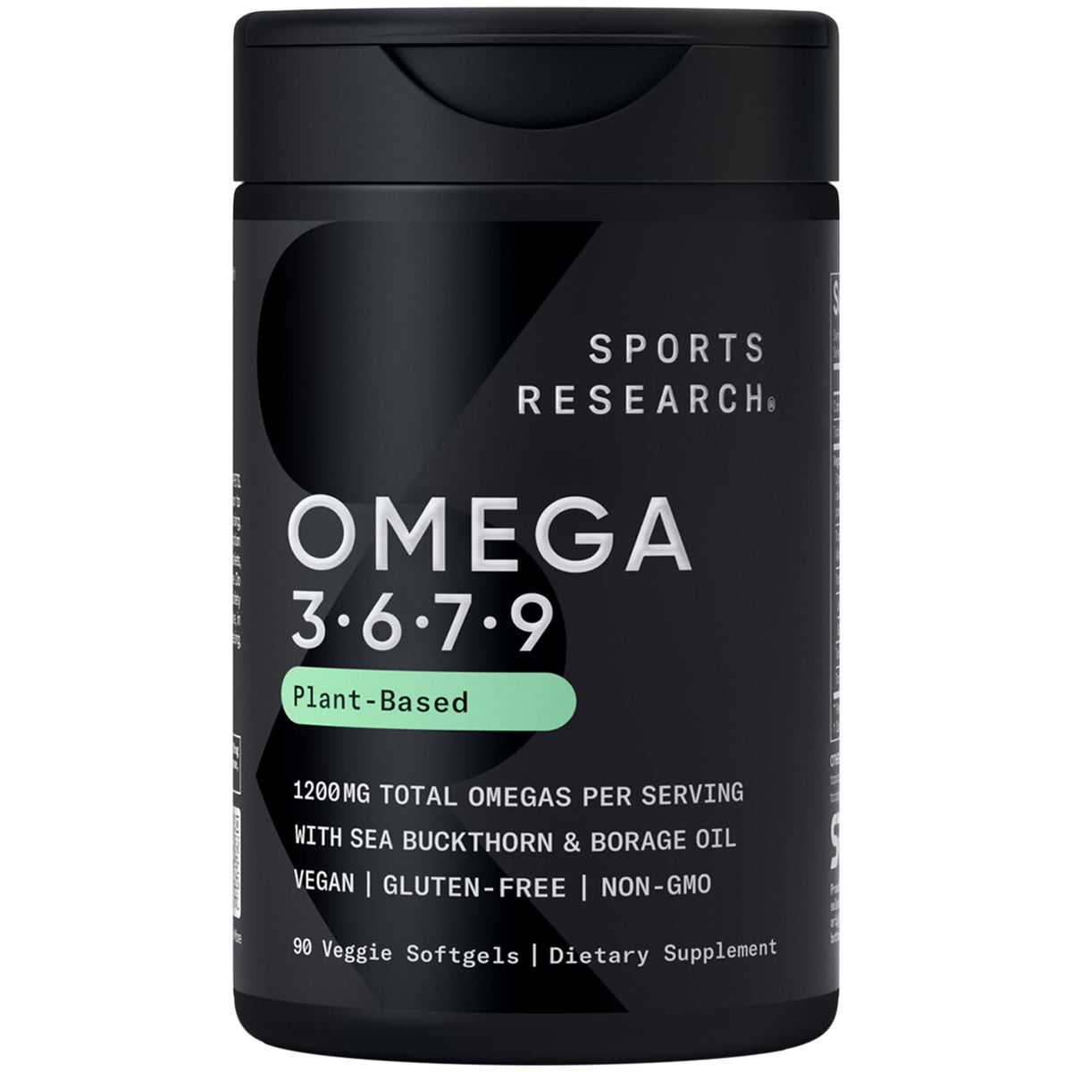 Sports Research Omega Vegano 3-6-7-9: botella visible, apoyo potencial a la salud diaria.