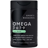 Sports Research Omega Vegano 3-6-7-9: botella visible, apoyo potencial a la salud diaria.