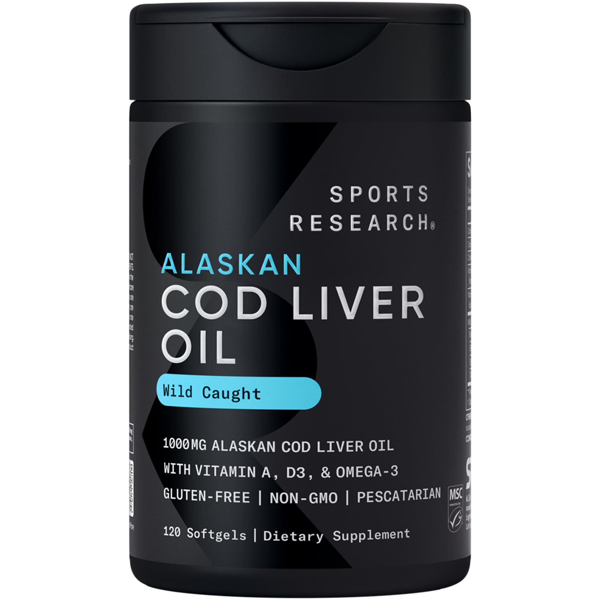 Sports Research Omega-3 Higado de Bacalao, botella con cápsulas, uso diario cómodo.