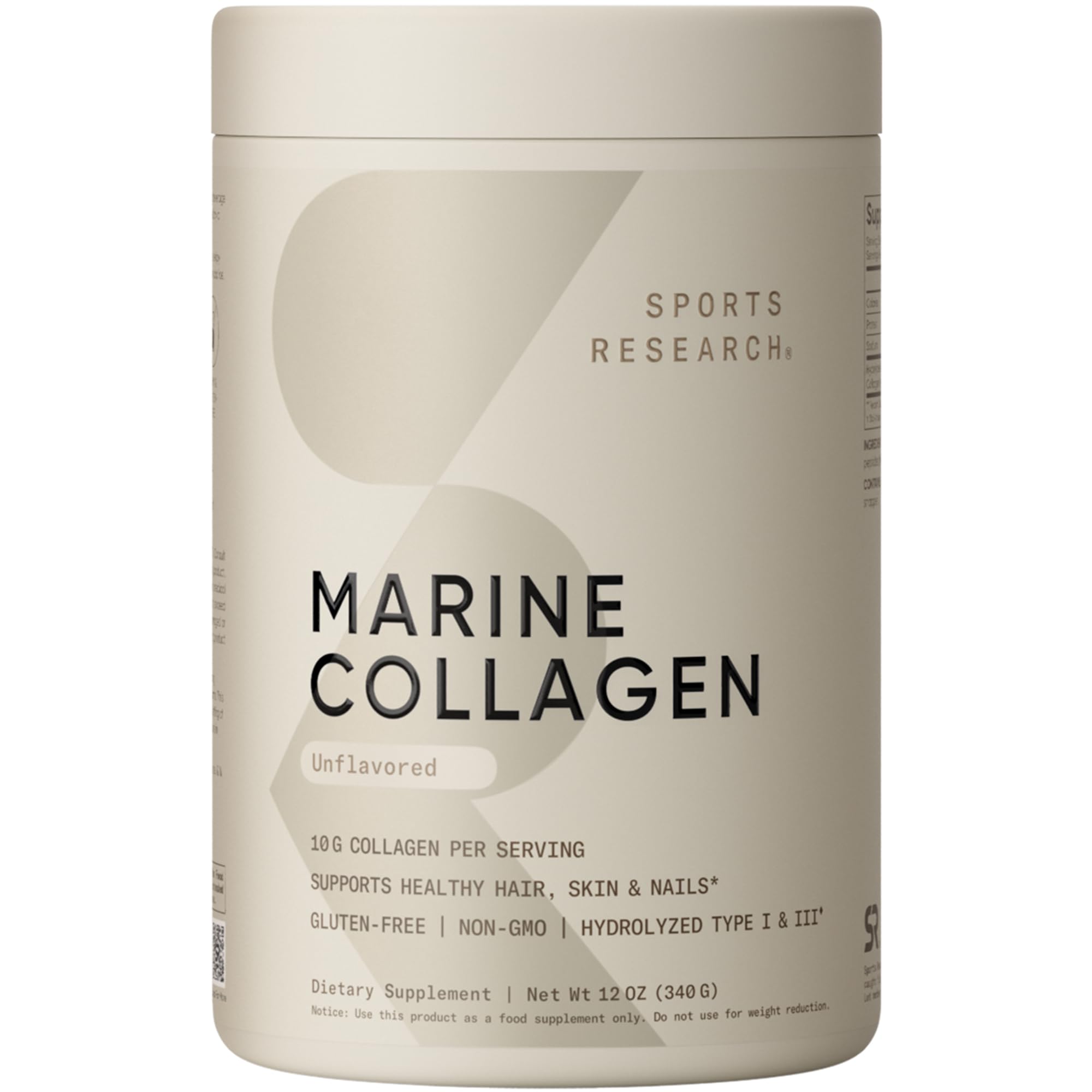 Sports Research Polvo de colágeno marino frente al envase para uso diario.