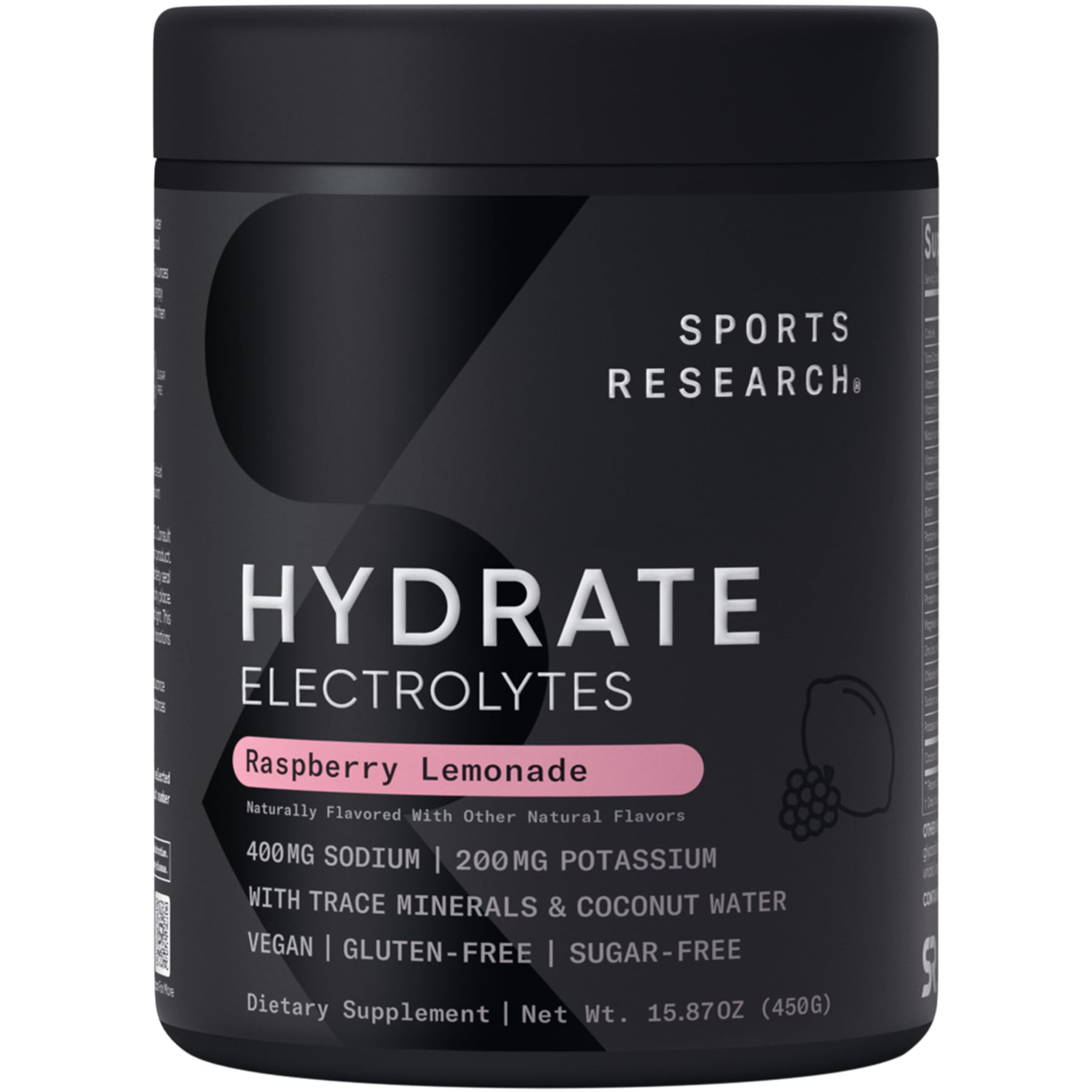 Sports Research Polvo de electrolitos sabor frambuesa-limón para hidratación diaria.