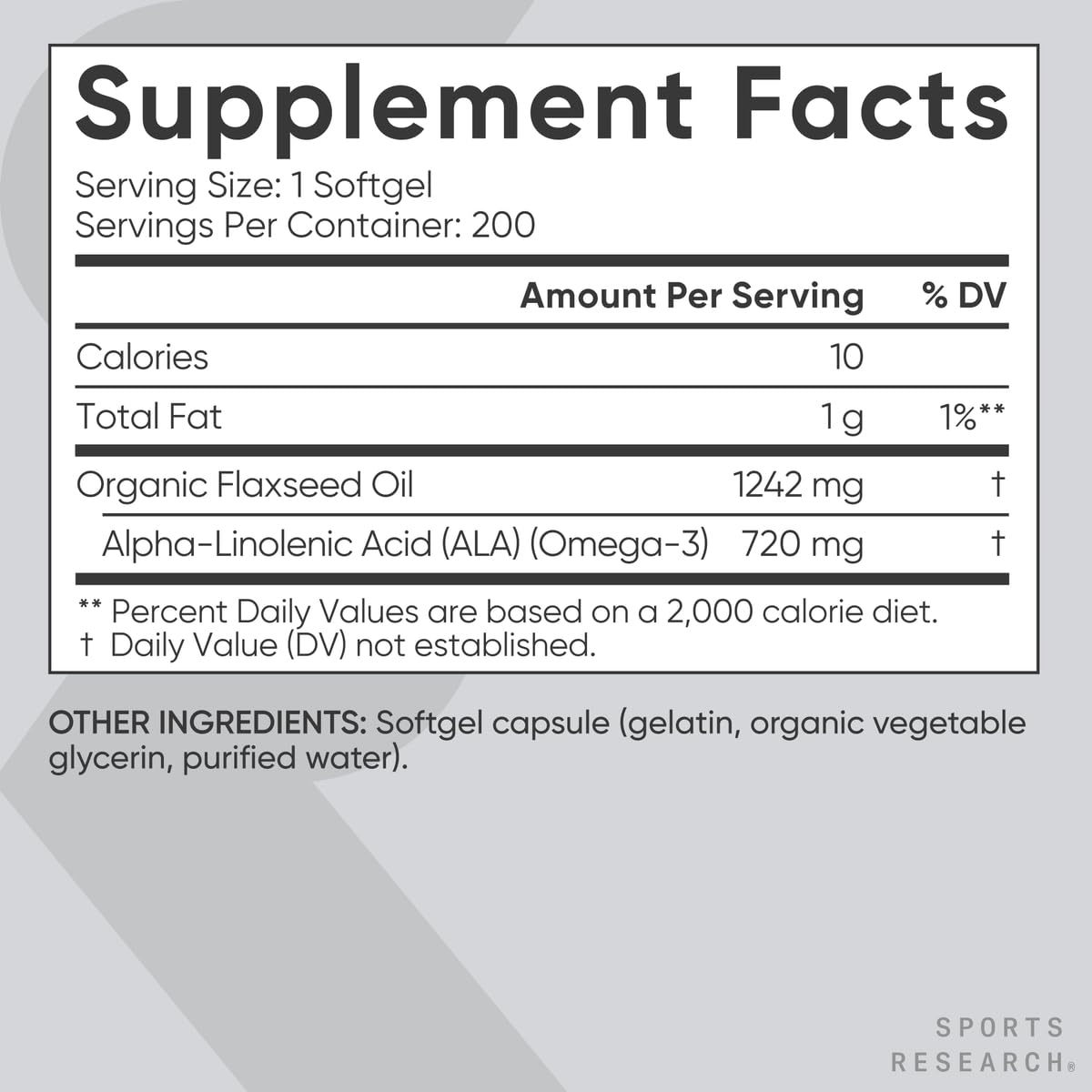 Sports Research presentación de 200 cápsulas para omega-3 vegetal.