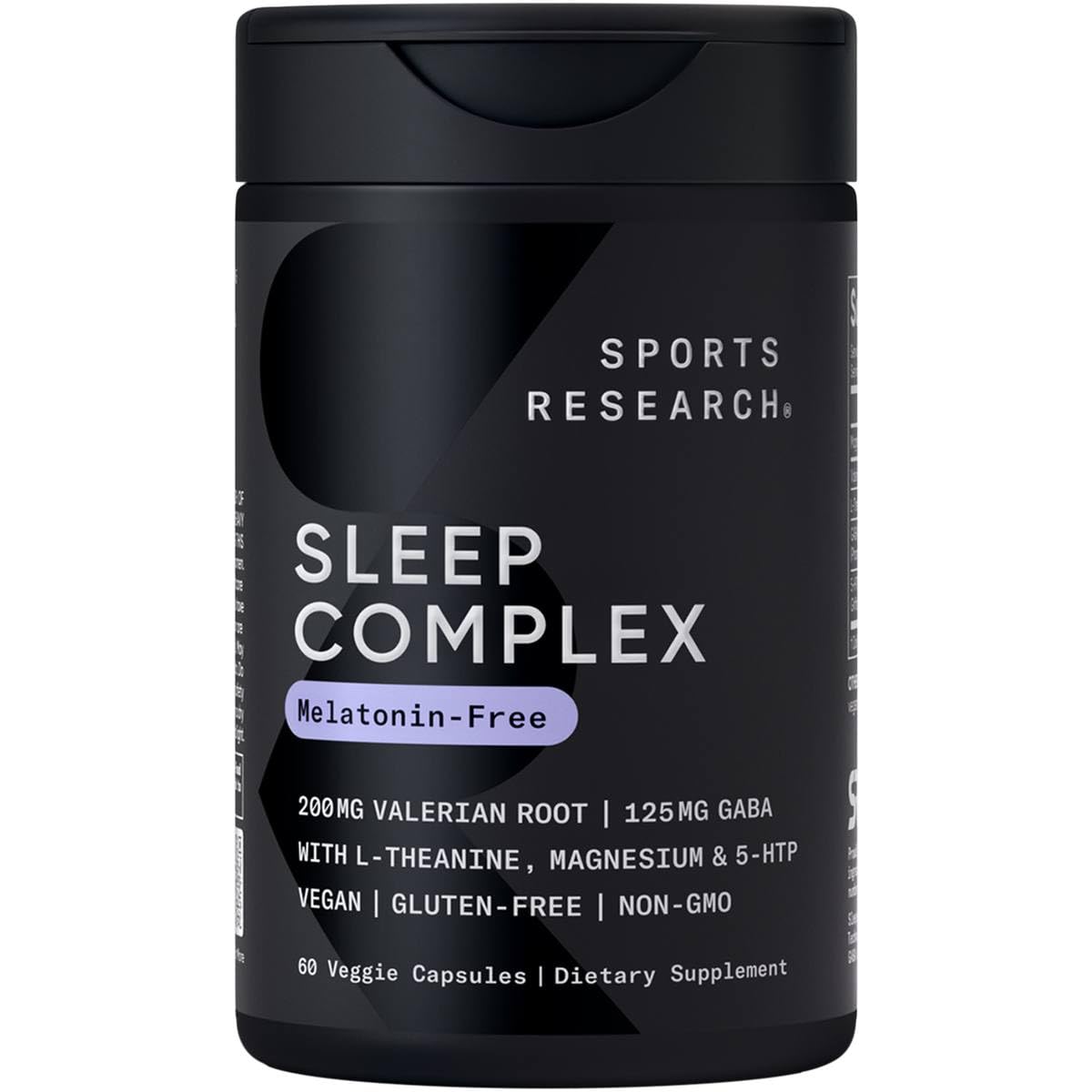 Sports Research Sleep Complex, botella de cápsulas sin melatonina para un descanso más reparador.