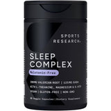 Sports Research Sleep Complex, botella de cápsulas sin melatonina para un descanso más reparador.