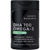 Sports Research Vegan DHA 700 mg en botella, posible apoyo cognitivo diario.