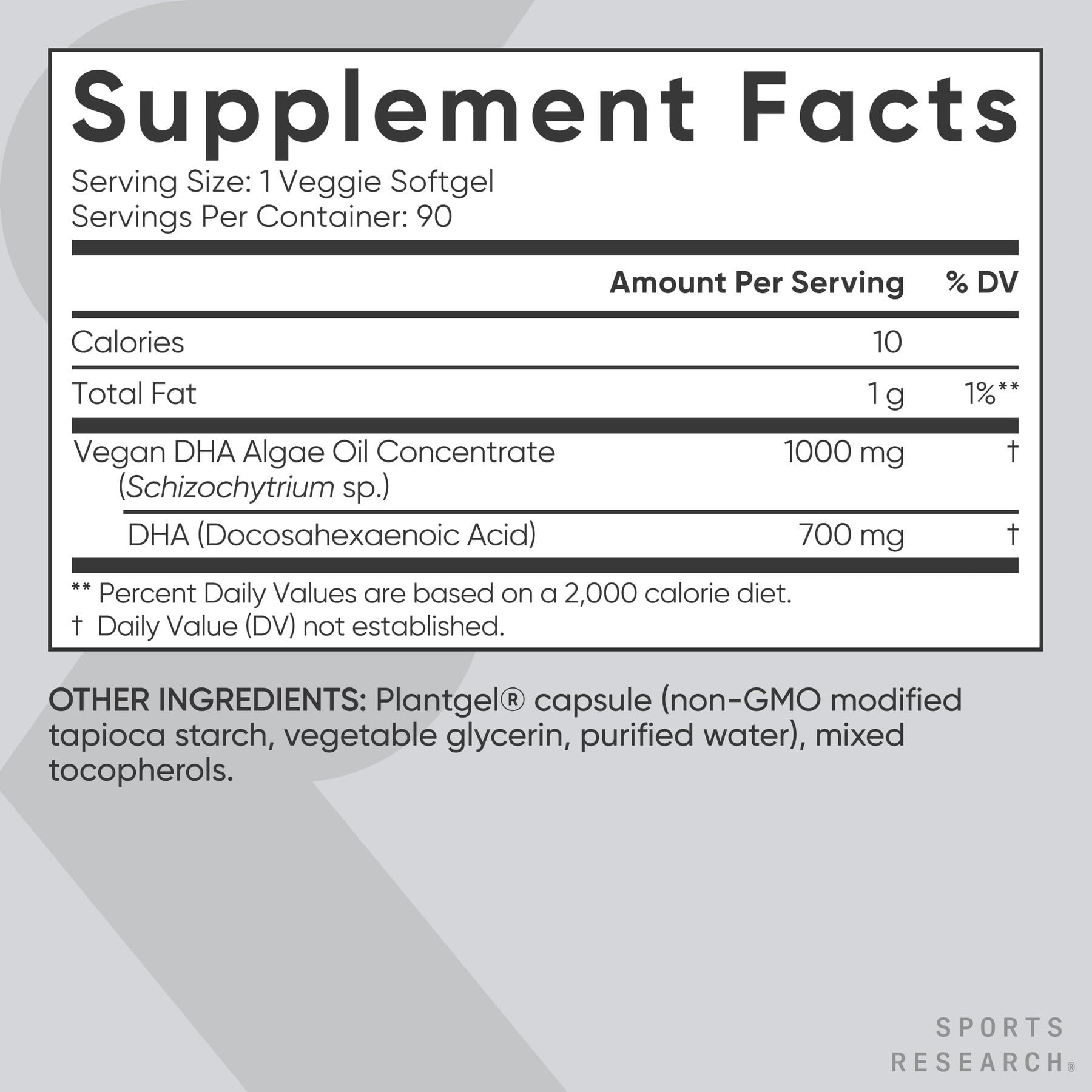 Sports Research Vegan DHA 700 mg dosis diaria para uso diario.