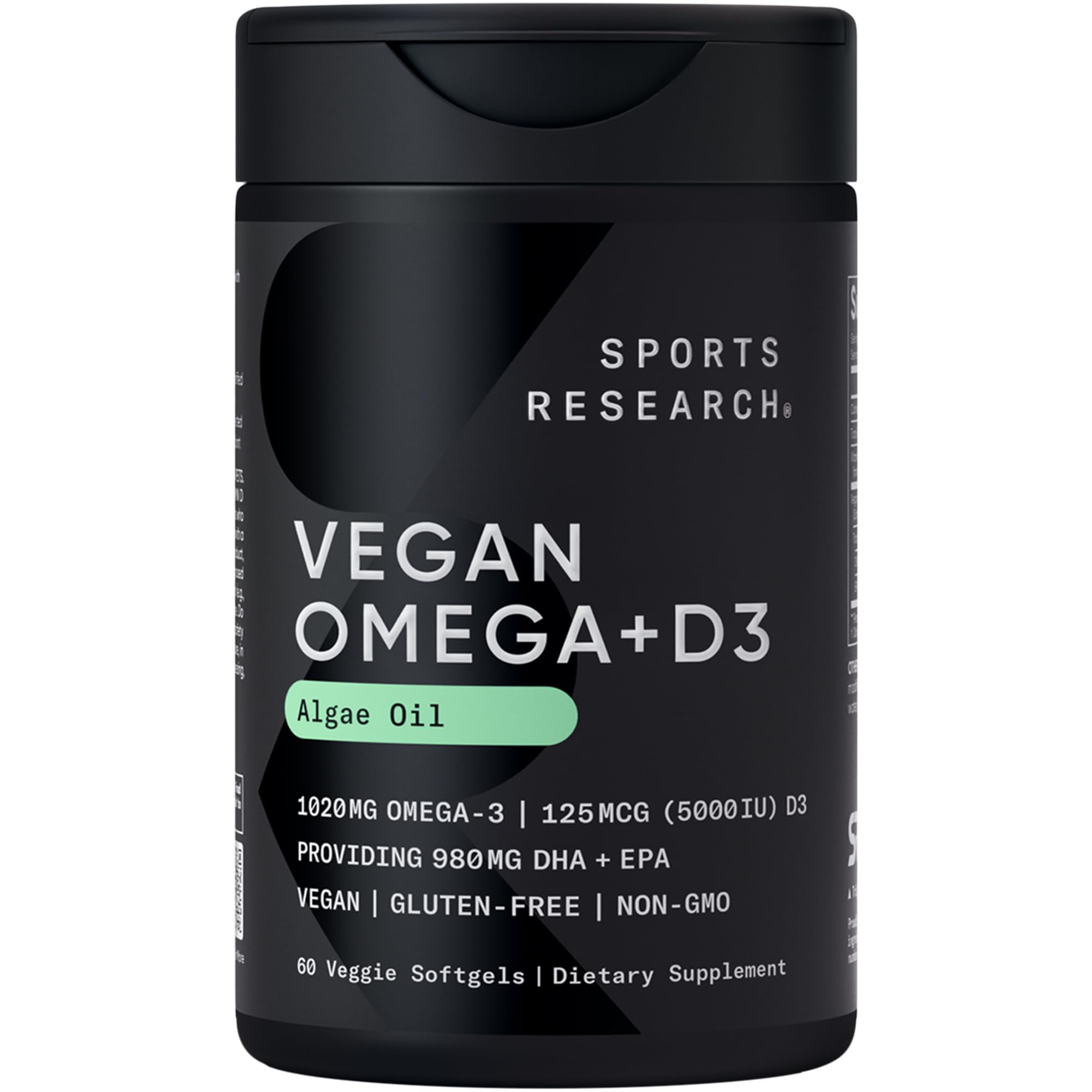 Sports Research Vegan Omega-3 D3, etiqueta frontal, fuente vegetal de omega-3 y D3 para adultos.