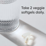 La etiqueta frontal de Sports Research Vegan Omega-3 D3 ilustra una fuente no animal.
