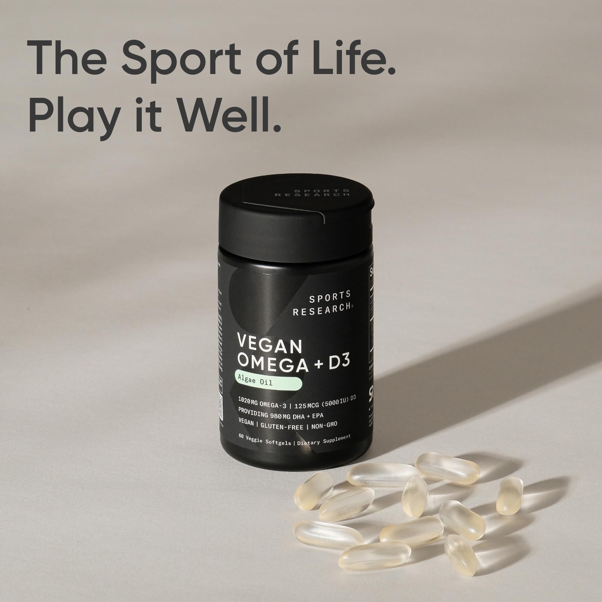Fórmula 100% vegana y sin OMG de Sports Research Omega-3 D3.