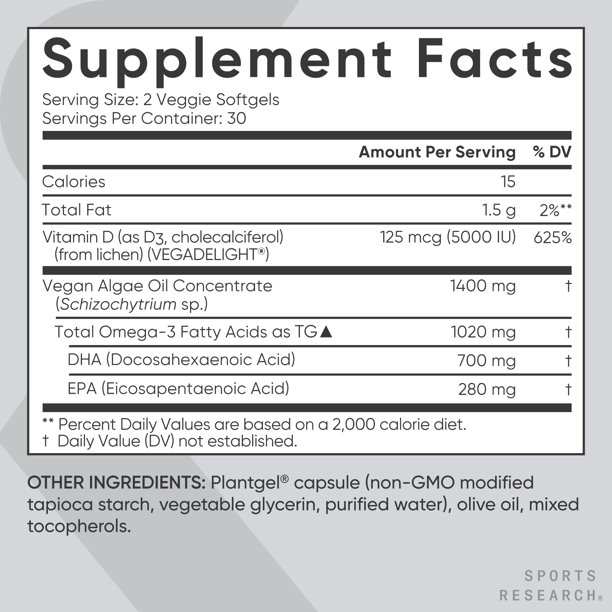 La etiqueta destaca EPA y DHA de algas en Sports Research Omega-3 D3.