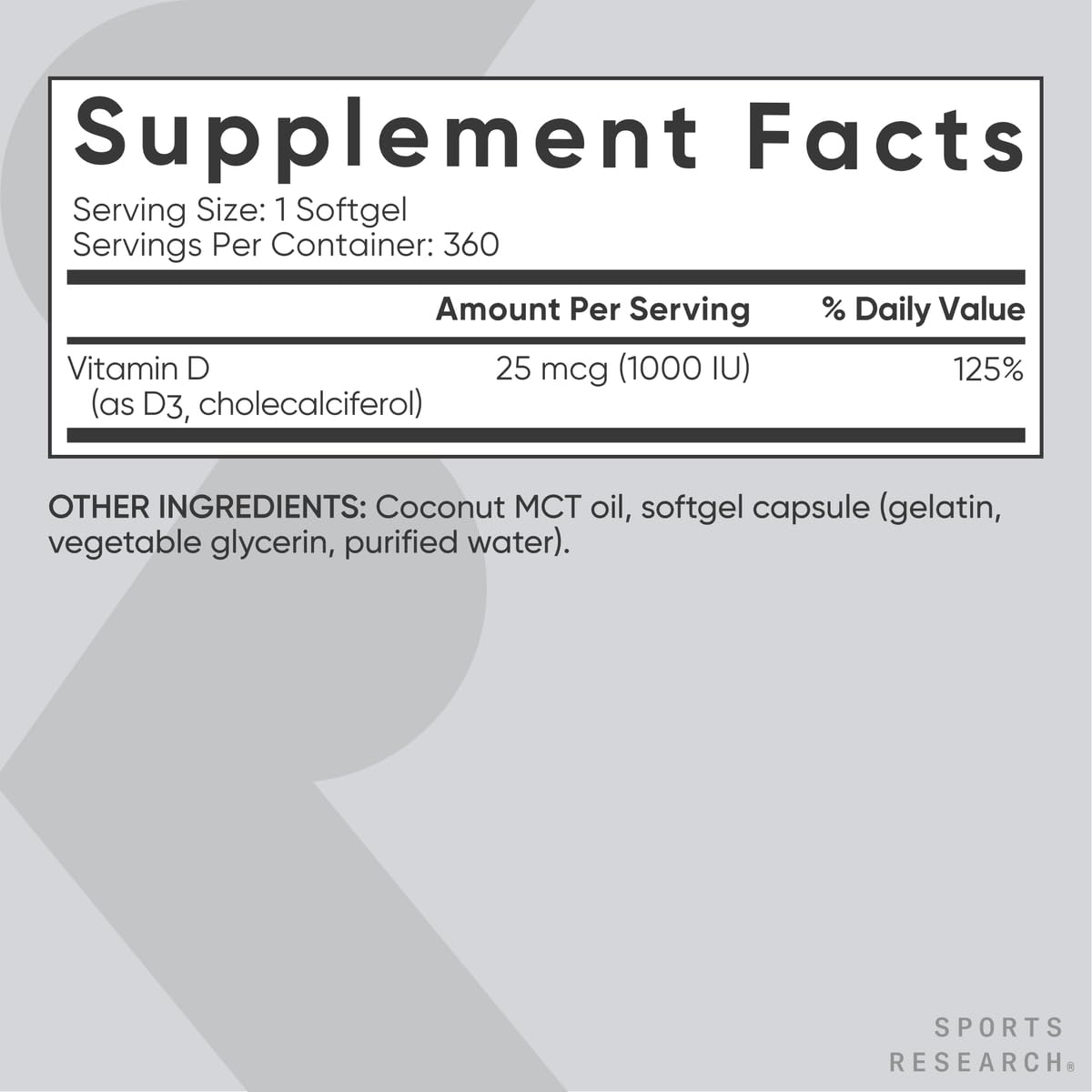Sports Research Vitamina D3 1000 UI con MCT de coco, cápsulas blandas