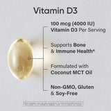 Sports Research Vitamina D3 4000 UI, cápsulas suaves con aceite MCT de coco para absorción.