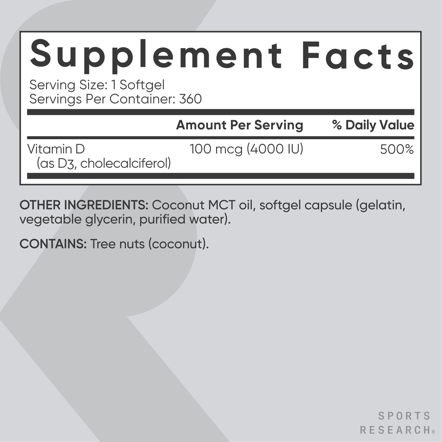 Producto libre de OGM de Sports Research Vitamina D3 4000 UI.