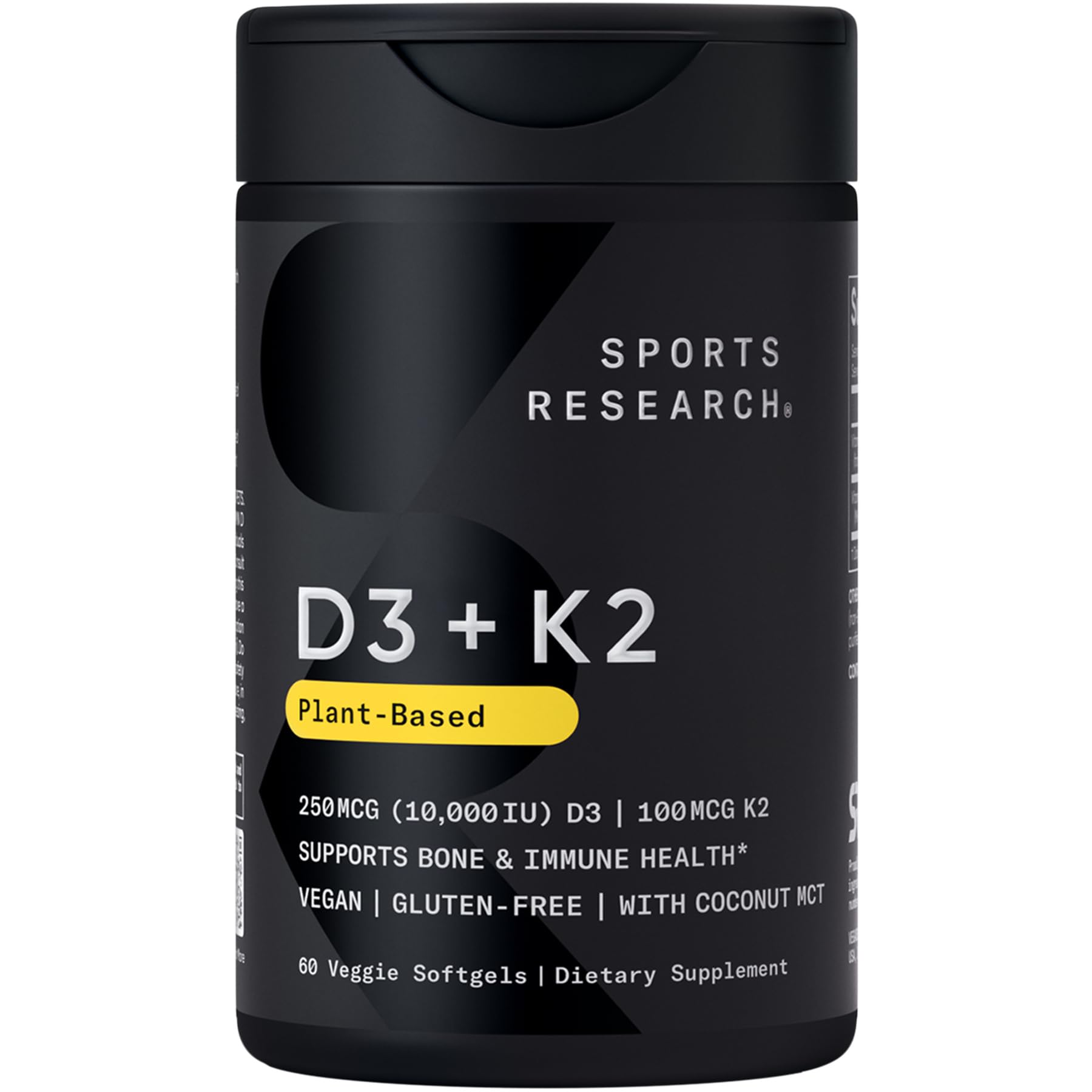 Sports Research Vitamina D3 + K2, botella frontal, con potencial apoyo a la salud ósea