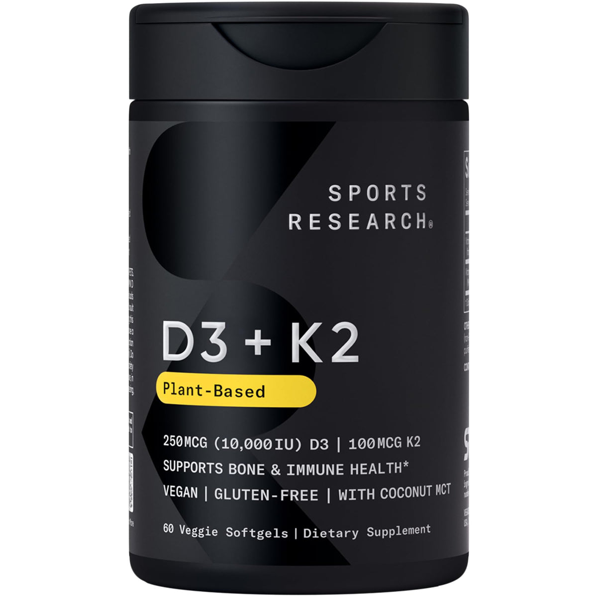 Sports Research Vitamina D3 + K2, botella frontal, con potencial apoyo a la salud ósea